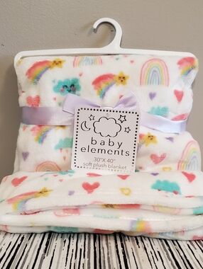 Baby Elements Plush Baby Blanket - Rainbow & Cloud Print 30in x 40in